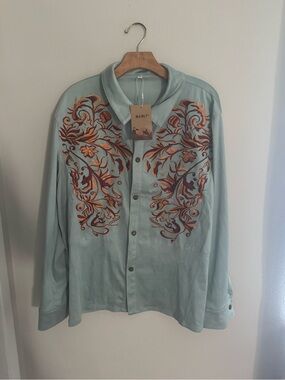 MANLY western wear Light Blue Embroidered Button-Up Shirt Jacket